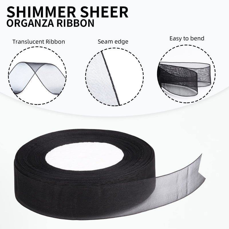molshine 50 Yards x 1 Inch Shimmer Sheer Organza Ribbon,Chiffon Fabric Ribbons for Bouquets Garland,Bowknot,Wedding,Gift Wrapping,Hair,Crafts,Decoration (Black) - Image 3